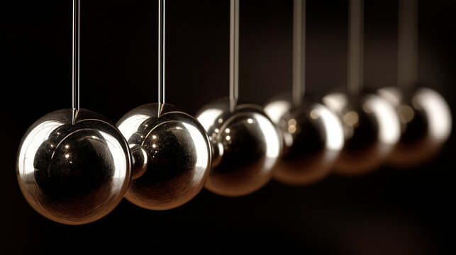 Newton Day newton cradle balls. Series of metallic Newton's cradle balls in motion on dark background  