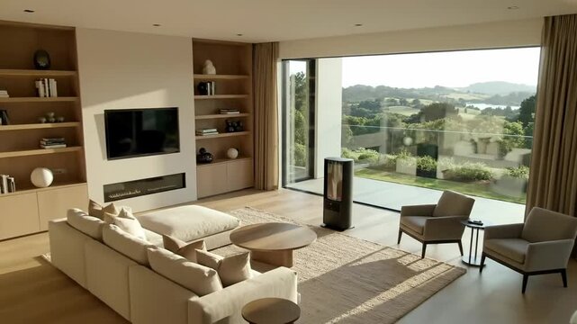 Bright Modern Living Room with Cozy Fireplace, Sofa, and Expansive Garden View