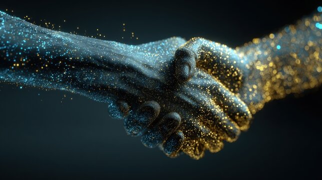 Digital Alliance: Two hands, interwoven with streams of glowing particles, form a handshake, illustrating a fusion of technology and partnership.