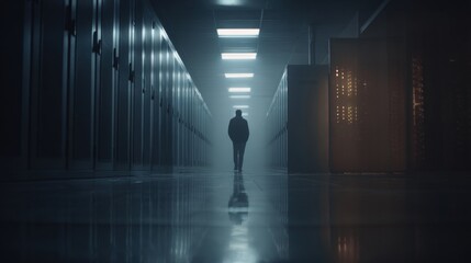 The Enigmatic Passage: A lone figure traverses a long, brightly illuminated hallway, leading into the unknown. The scene evokes a sense of mystery and introspection.