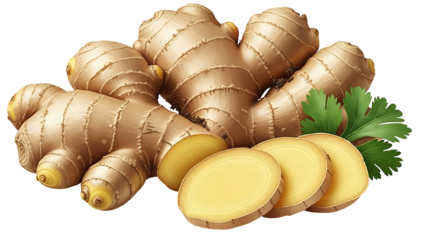 Fresh ginger root and slices with green leaves