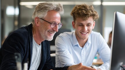 Collaborative Innovation in Office: Two colleagues, one experienced and the other younger, intently examine a monitor. This captures collaborative work atmosphere.