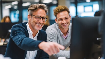 Focused Collaboration: Two colleagues, eyes glued to a computer screen, are sharing ideas in a vibrant office setting, embodying the spirit of cooperation, with the monitor as the focal point. 