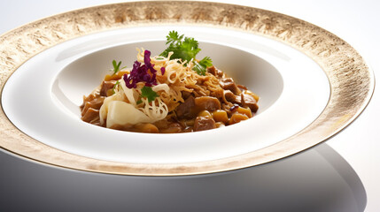 Exquisite gourmet dish featuring diced ingredients and fresh green garnish on a decorative plate