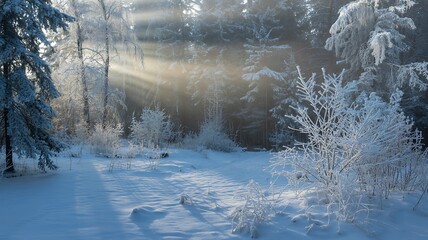 Stunning winter wonderland scene with sun rays shining through snow covered trees creating a...