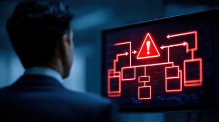 Cybersecurity Alert: A vigilant professional observes a screen displaying a critical security alert, marked by a prominent warning symbol. The diagram details data flow