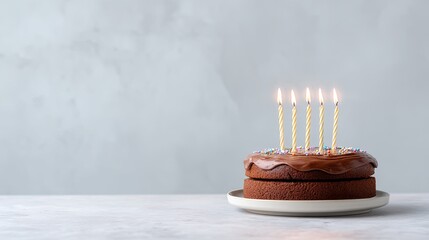 Delicious chocolate cake with colorful candles ready for celebration on a simple backdrop for festive occasions and joyful gatherings
