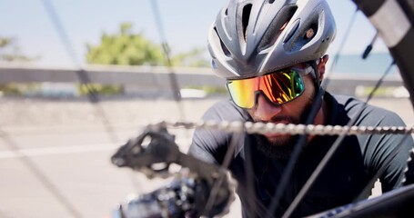 Bike, sunglasses and man with helmet, wheel and travel with eco friendly transport. Repair, cyclist and person with safety, journey and fitness with cardio training, practice and fix with adventure