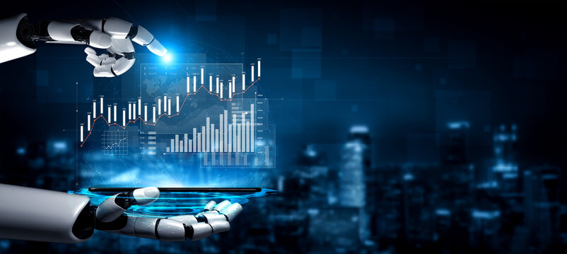 A sleek robotic hand engages with a digital interface showcasing financial growth trends, emphasizing high-tech innovation in a cityscape at night. Scalp