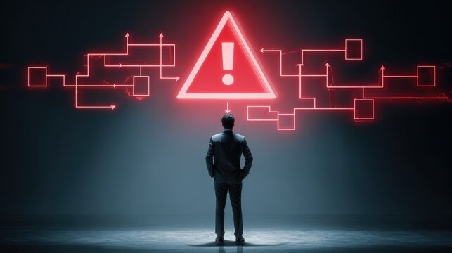 Cybersecurity Alert: A lone figure stands facing a glowing red warning sign, symbolizing the digital risks and potential threats of the technological age.