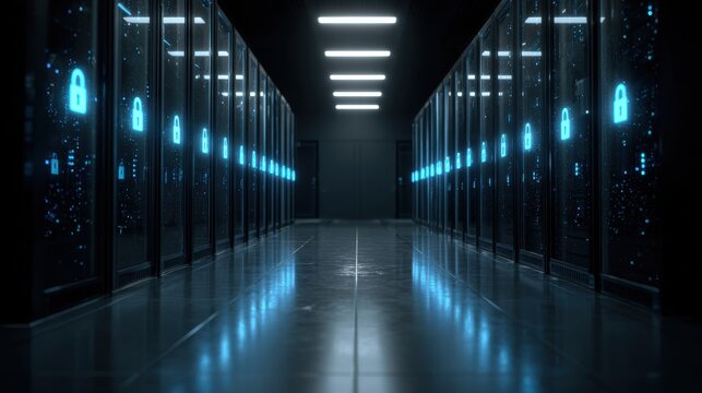 Server Room Security: A modern server room showcases a corridor of digital data security, illuminating the essential role of technology infrastructure. - Powered by Adobe