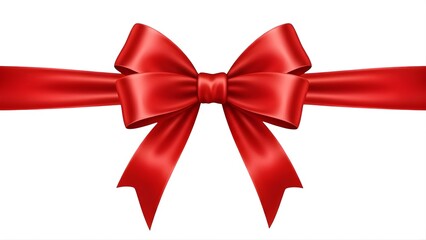 A shiny, vibrant red satin ribbon bow tied horizontally across a white background, perfect for gift wrapping