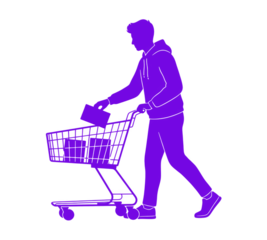 Silhouette of a Person Pushing a Shopping Cart Filled with Groceries in Dark Purple Isolated on Transparent Background