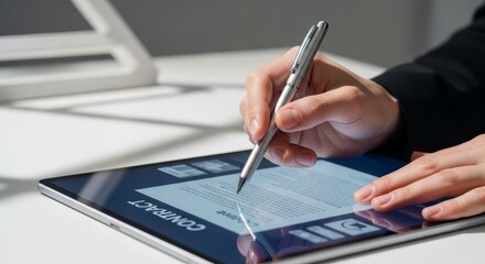 Professional businesswoman using stylus pen to sign digital contract document on modern tablet computer at contemporary office desk workspace