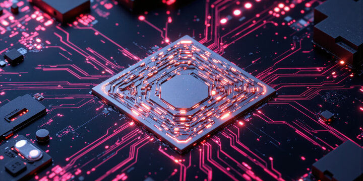 Microchip Processor Macro Detail Technology Extreme close-up macro shot of the surface of a computer microchip or processor, revealing intricate