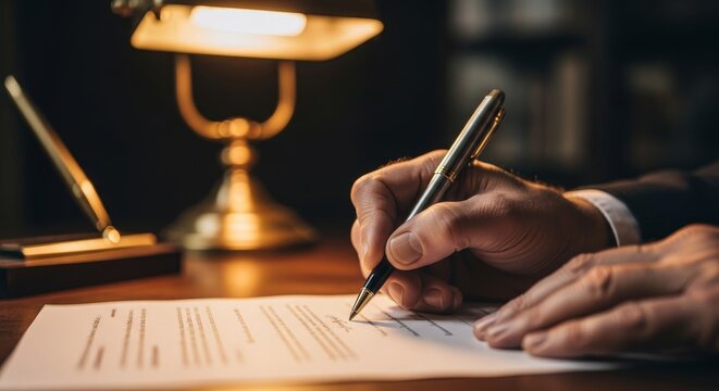 Professional businessman hand signing legal contract document with elegant pen under warm desk lamp lighting in law office