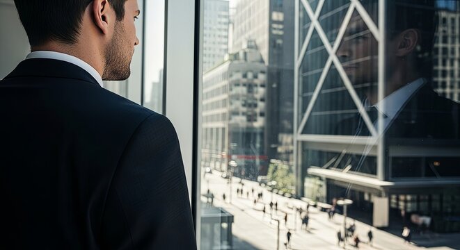 Professional businessman in dark suit looking through office window at modern city skyline with geometric glass buildings and busy street below