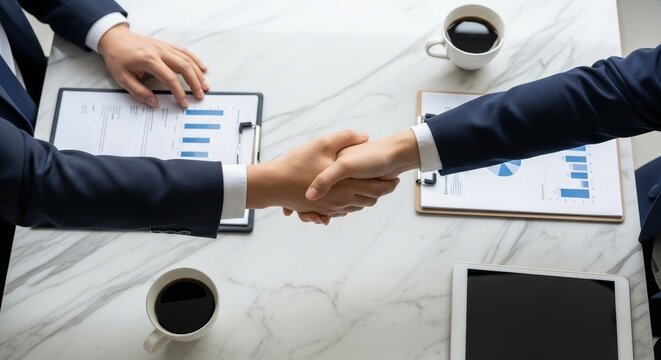 Two professional businessmen in navy suits shaking hands over marble table with financial charts reports coffee cups and tablet during corporate meeting - Powered by Adobe