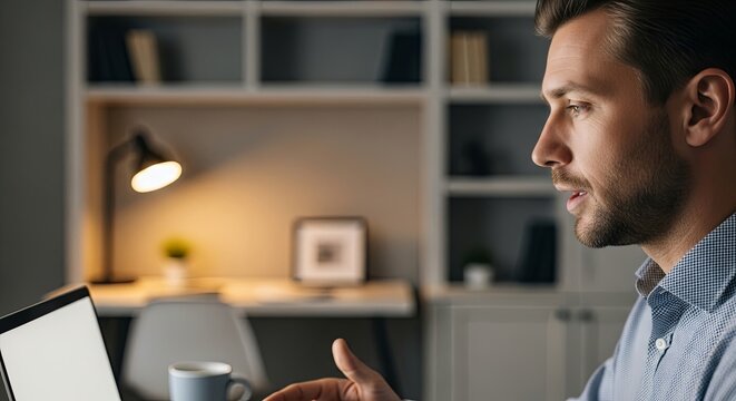 Professional caucasian businessman in blue checkered shirt having video conference call from modern home office with bookshelves and desk lamp during remote work session