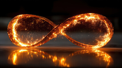 Obraz premium A luminous infinity symbol radiates light with glittering particles in a dark space, creating a captivating visual display.
