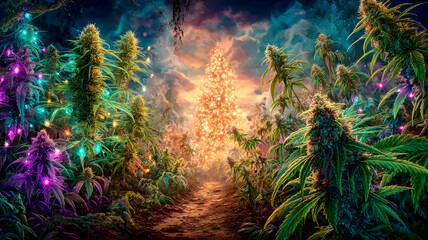 Obraz premium Cannabis plants with festive lights