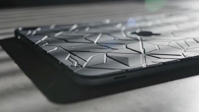 Cracked smartphone screen protector on textured surface with dramatic light and shadows.