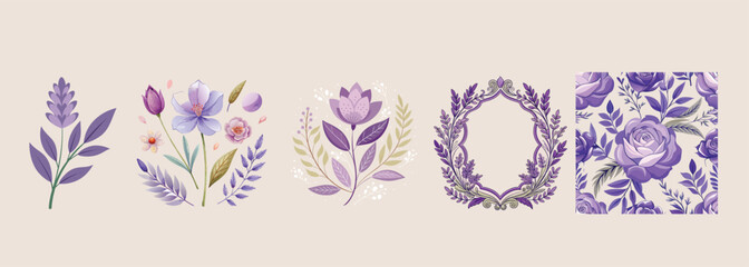 Lavender Flower and Purple Floral Vector Collection: Elegant Wreath, Botanical Bouquet, Seamless Pattern, and Vintage Frame for Wedding Invitation, Cosmetic Label, and Fabric Print