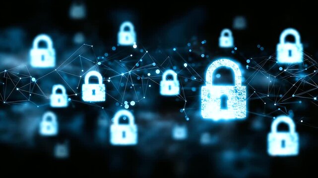 Abstract data protection visualization, defocused internet security elements, cybersecurity concept, digital safety technology, privacy protection system, network defense infrastru