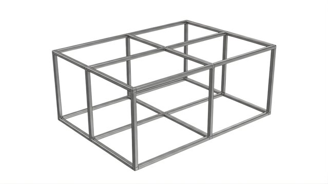 Wireframe rendering of a rectangular threedimensional structural cage or frame composed of interconnected metal bars isolated on white background