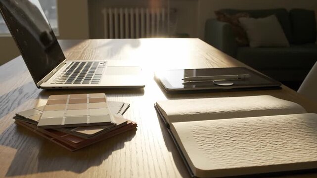 Creative workspace with laptop, tablet, color swatches, and notebook bathed in warm sunlight.