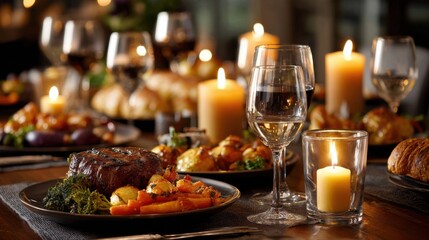 Elegant close-up of a festive holiday dining table setting featuring a perfectly cooked steak and roasted vegetables, surrounded by wine glasses and warm glowing candlelight