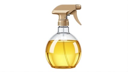 Clear glass round spray bottle with tan trigger top filled with yellow liquid, isolated on white background