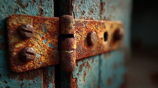 Rusty door hinge on peeling blue paint with corroded metal texture