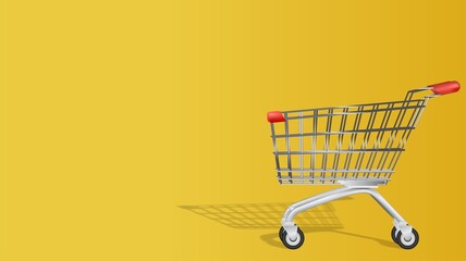 Empty Shopping Cart on Yellow Background – Retail Sale, E Commerce, Consumer Purchase and Online Shopping Concept with Copy Space © CutRiska