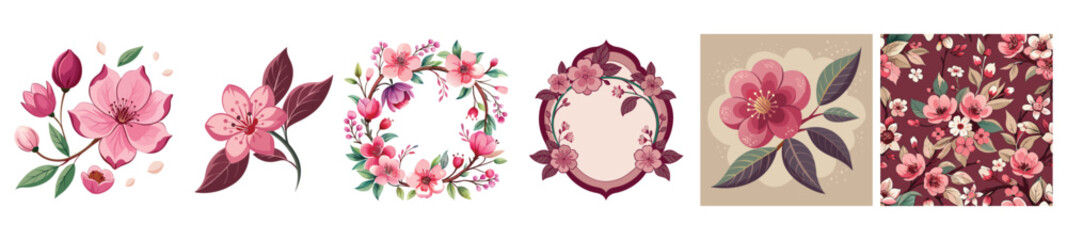 Watercolor Cherry Blossom Vector Set: Pink Sakura Floral Graphics, Hand-Drawn Bud and Petal Elements, Wreath, Frame, and Seamless Pattern for Wedding and Textile