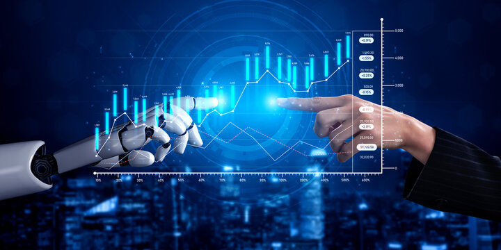 A dynamic representation of collaboration between human and robot as they reach for a data visualization graph, symbolizing innovation and future technology in business. Scalp