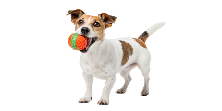Playful dog interacting with a colorful toy. Energetic, joyful motion, perfect for pet product advertising, dog toy branding, training visuals, social media content and fun animal-related projects.