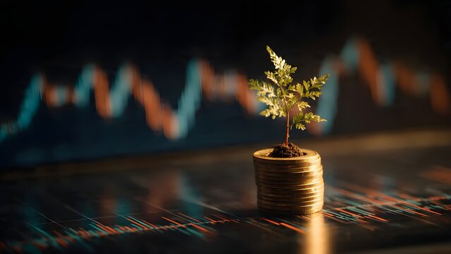 Visualizing sustainable finance and investment returns with a green sprout growing from stacked coins in front of a market analysis graph