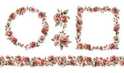 Rose flowers frame wreath seamless border set. Dusty pink garden floral. Watercolor hand painted isolated illustration for wedding design home textile crockery cosmetic package labels cards print