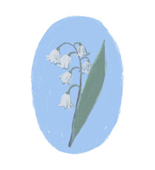 Illustration of a lily of the valley on blue background. Minimalistic childrens drawing with colored pencils, pastels. Delicate May flower, soft spring colors of blue green white. Rounded shape.