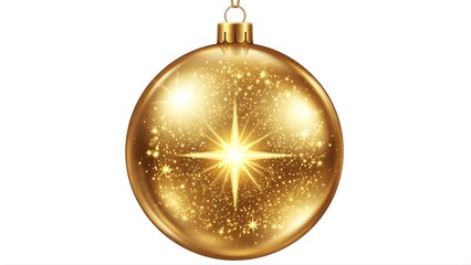 Shiny golden christmas ornament with sparkling star effect isolated on white background