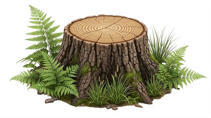 A realistic illustration of a weathered tree stump surrounded by vibrant green ferns and grass, isolated on white background