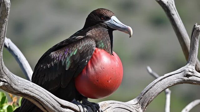 Booby bird displaying bright red throat pouch on branch with greenish tinted feathers