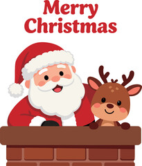 Cartoon Santa Claus with Reindeer Peeking from Chimney
