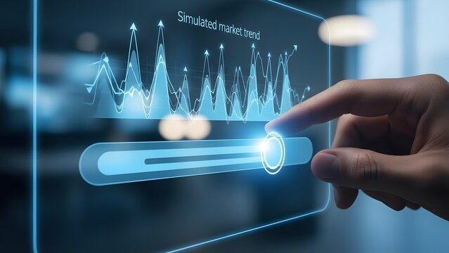 Finger interacting with futuristic holographic interface displaying data and progress bar