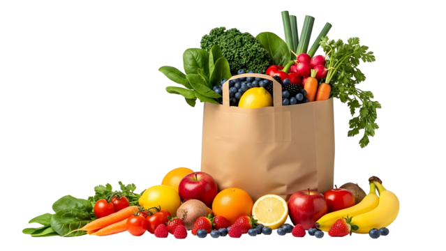 Fresh groceries overflowing from paper shopping bag