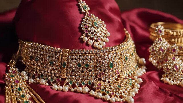 Closeup of elaborate traditional indian gold jewelry set featuring a choker necklace, earrings, and bangles adorned with white, green, and pink stones and pearl drops on a rich red satin fabric