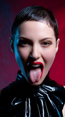 Avant-Garde Beauty Portrait with Red Lips and Latex Dress