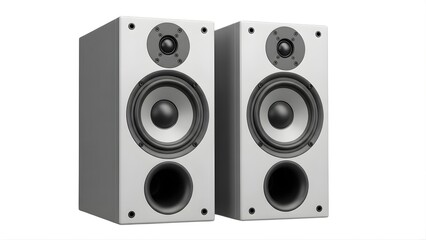 Pair of modern bookshelf stereo speakers with a tweeter, woofer, and bass reflex port, isolated on white background