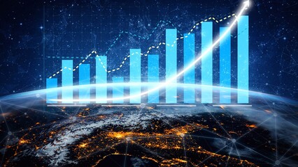A stunning digital representation featuring glowing graphs and charts displays on a view of Earth, symbolizing financial progress and data-driven insights. Copula